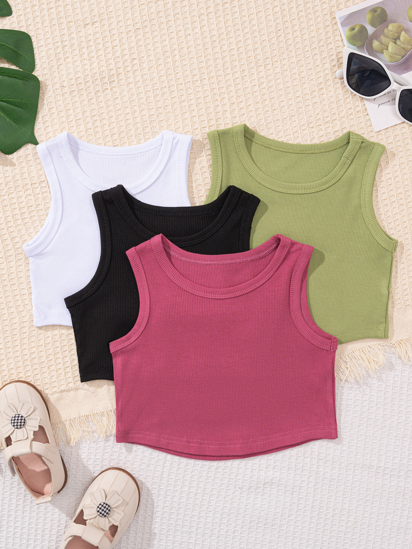 Chaleco de ropa infantil transfronterizo para niños y niñas verano corto sin mangas de cuello redondo chaleco de punto combinación de arnés Amazon