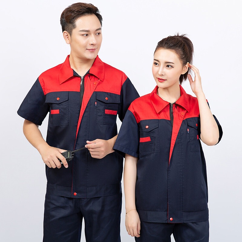 Customized Workwear with Logo Printing, Short-Sleeved Work Uniform Set for Auto Repair Factory Workshop, Maintenance and Decoration Workwear, Summer Customized Workwear with Logo Printing, Short-Sleeved Work Uniform Set for Auto Repair Factory Workshop, Maintenance and Decoration Workwear, Summer