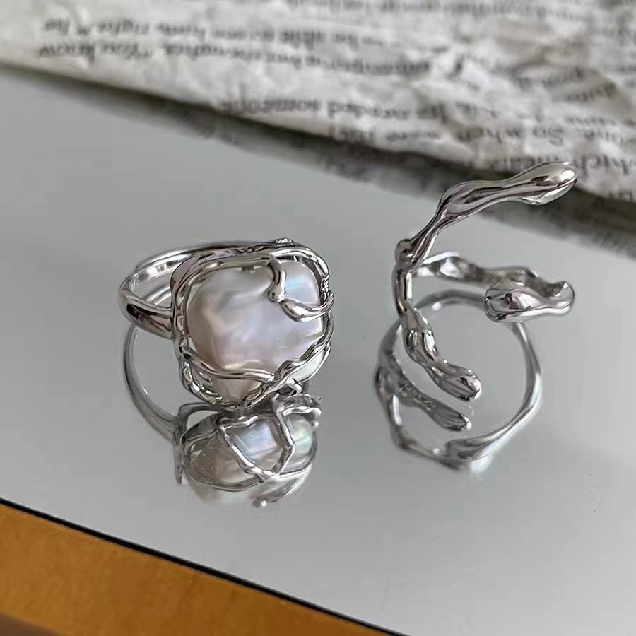 Geometric Silver Plated Metal Artificial Pearls Open Ring