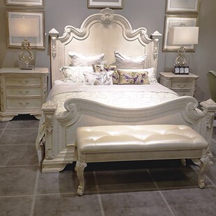American Accessible Luxury Solid Wood Bed French Romantic Carved Master Bedroom 1.8m Double Bed Furniture Customization Retro Cream