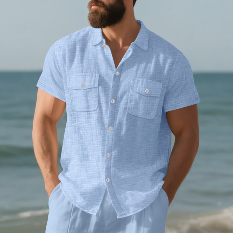 Chemise d'été à manches courtes pour homme, couleur unie, double poche, décontractée, pour les vacances_voghion.com