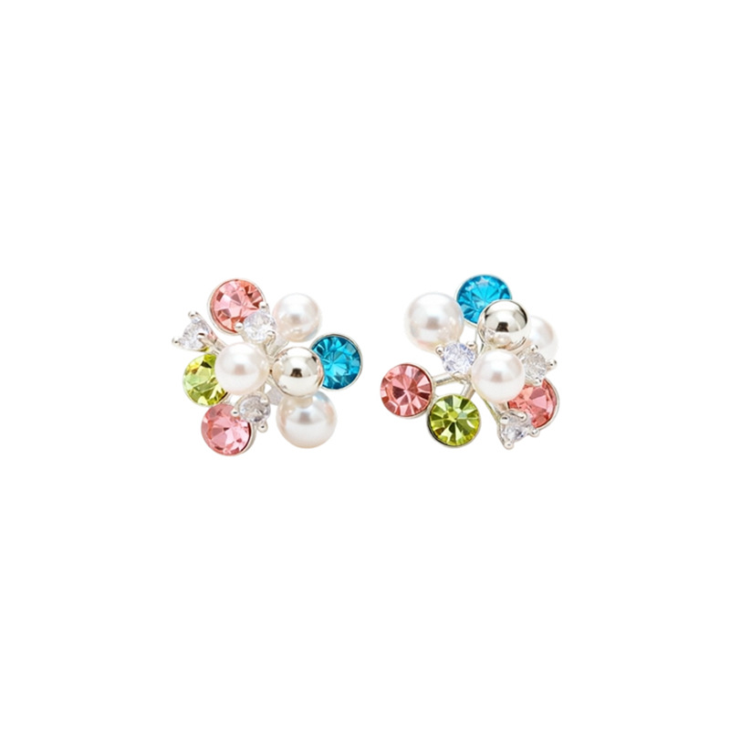 Agujas de plata con diamantes de zircón floral perla perlas pendientes de color pequeño temperamento fresco pendientes ligeros de lujo alta sensación auriculares al por mayor
