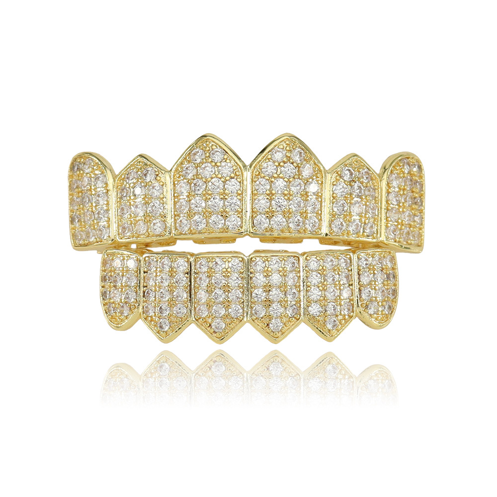 嘻哈牙套銅鑲閃鋯石牙齒說唱街舞裝飾道具teeth grillz跨境亞馬遜