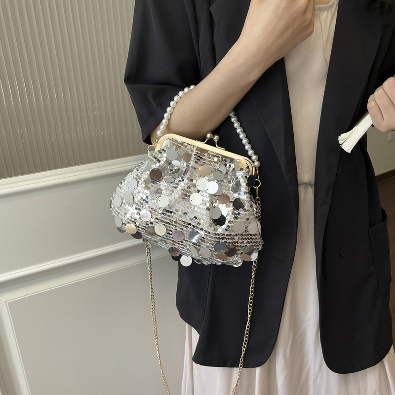 Elegant Clasp Evening Bag for Women, New Vintage Fashion Handbag, Niche Chain Sequin Crossbody Bag
