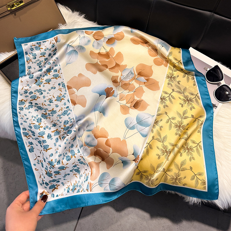 Women's Floral Print Silk Feel Square Scarf Elegant Neck Warmer_voghion.com
