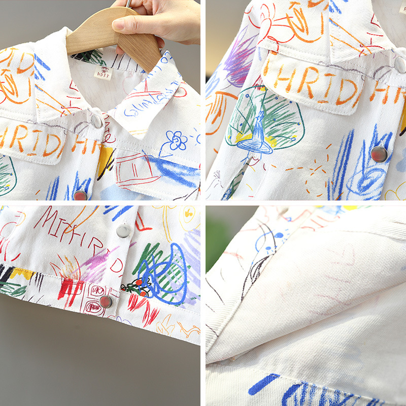 5867 Chaqueta de otoño para niños 2024 Chaqueta de mezclilla de graffiti de celebridades de Internet para niños Primavera y otoño Moda Fried Street