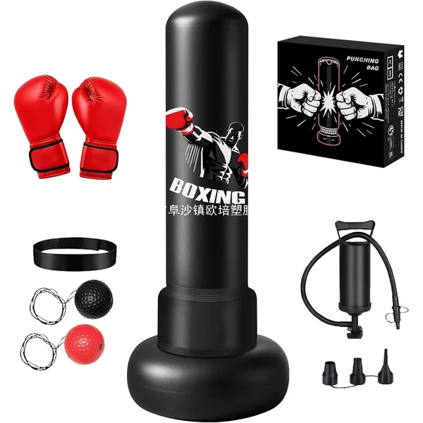 MEYDLL 70inch Adult Boxing Bag, Boxing Bag with Gloves and Pump (Black) |   Wearing gloves and