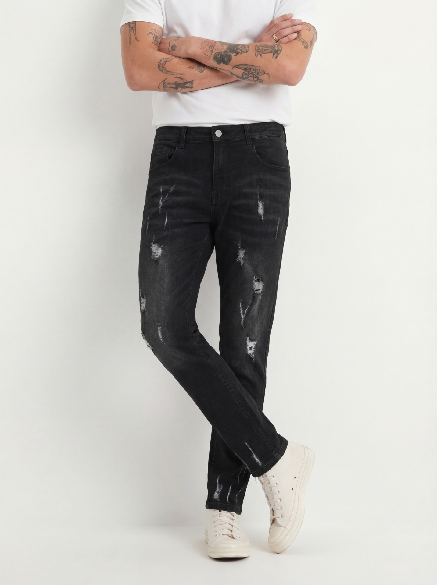Men's Slim Fit Jeans Fashion Trend Elastic Patch Denim Trousers Mid Waist Black Long Casual Cotton Pants_mkmklike.com