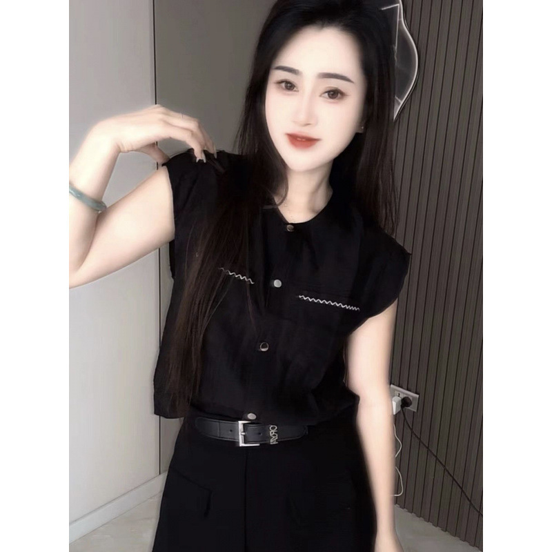 Vintage Hong Kong Style Pocket Short Sleeve Blouse for Women Summer Versatile Black Sleeveless Top Vintage Hong Kong Style Pocket Short Sleeve Blouse for Women Summer Versatile Black Sleeveless Top