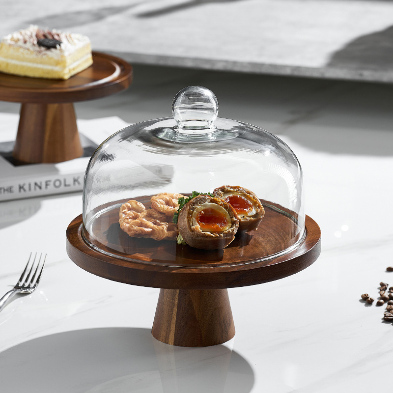 Vintage Acacia dulces dulces pan bandeja de bocadillos alta pie pastel estante sala de estar bandeja de frutas almacenamiento de bocadillos