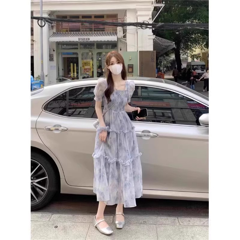 人気のプラスサイズの女性服ファットmm夏の新しいスタイルスリムで優しいスタイルのフレンチ花柄スカート年齢を減らすスーパーフェアリースイートドレス|undefined