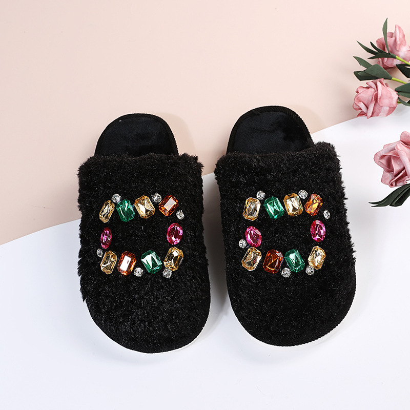 Colored Furry Rhinestone Flat Bottom Slippers NSKJX104248