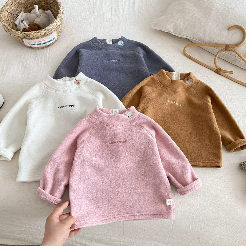 儿童摇粒绒打底衫2025新款冬季女童半高领内搭男童刺绣卡通上衣潮