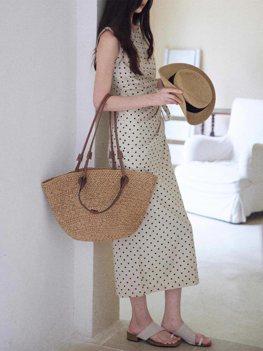 Đầm maxi nữ thắt eo vải lanh Pháp cảm giác sóng chấm — màu mơ