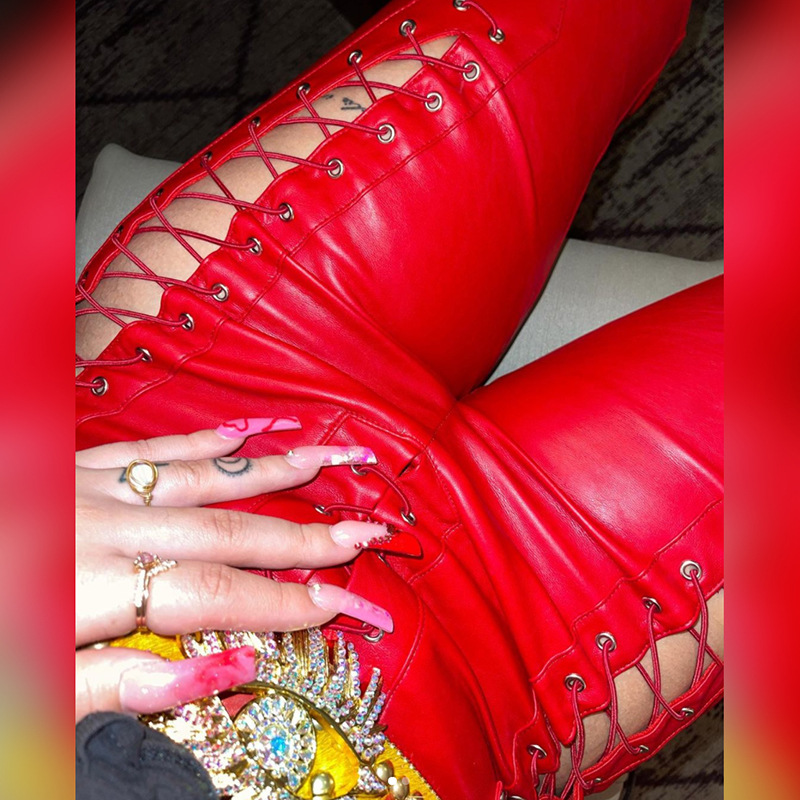 2021 Summer Fashion Trends Women New High Waist Hollow-out Strap Straight Ankle Tied Slim Fit Figure Flattering Leather Pants in Pants
