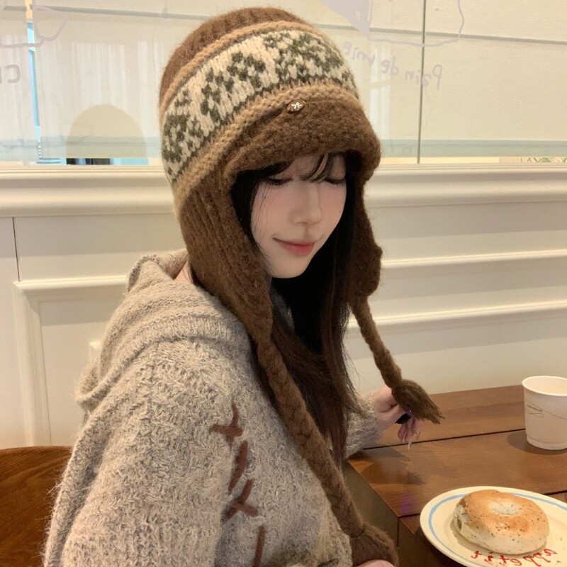 秋冬保暖费尔岛风针织毛线帽女出游百搭包头帽防寒护耳绑带雷锋帽|undefined