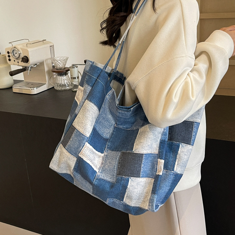 Bolso de tela casual ligero 2024 nuevo bolso de hombro de clase para estudiantes universitarios moda contraste color bolsa de alta capacidad Tote marea