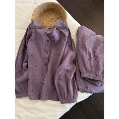 韩系甜美紫色双层棉纱睡衣女秋季新款大码长袖长裤家居服套装外穿