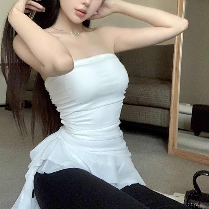 【20件免邮】不规则荷叶边氛围感抹胸背心女外穿小众飘带裹胸上衣