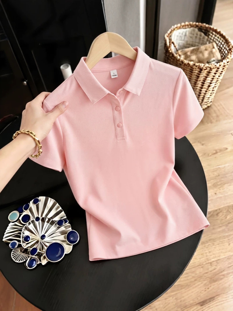 Ice Silk Short-Sleeved T-Shirt for Women, Summer New Style, Polo Shirt with Lapel, Loose and Versatile, Slimming Top, Middle-Aged Women's T-Shirt