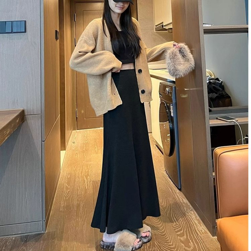 黑色鱼尾裙女秋冬季长裙百搭气质a字包臀显瘦针织半身裙中长款裙|undefined