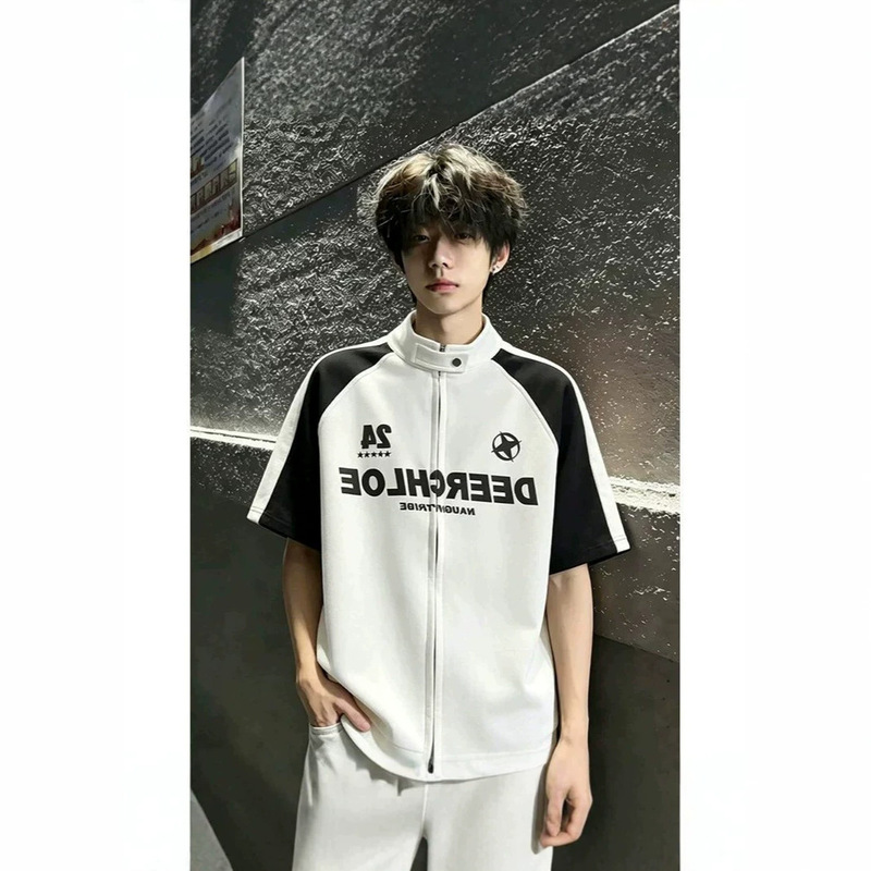 American-Style Motorcycle Jacket with Black and White Patchwork, Short-Sleeved Men's Summer Thin Jersey-Style Stand-Collar T-Shirt with a Unique Design, Sweatshirt Cardigan American-Style Motorcycle Jacket with Black and White Patchwork, Short-Sleeved Men's Summer Thin Jersey-Style Stand-Collar T-Shirt with a Unique Design, Sweatshirt Cardigan