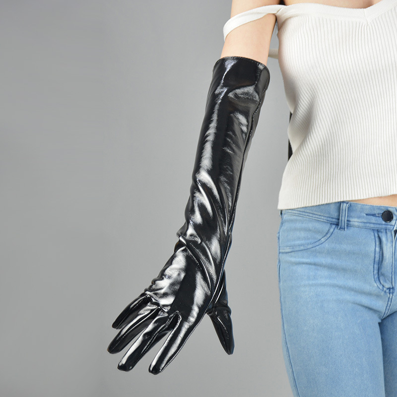  long black patent leather hot pole dance punk rock styles gloves 50 cm long cubits imitation leather  PU bright black