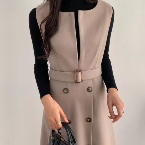 Japón y Corea del Sur 2023 otoño e invierno nuevo estilo cintura con cordones chaleco sin mangas cruzado vestido largo de lana
