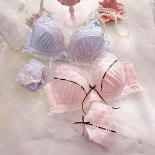 Super beautiful fresh Japanese Ribbon embroidered thin Cup student girl cute gathered sexy underwear bra suit