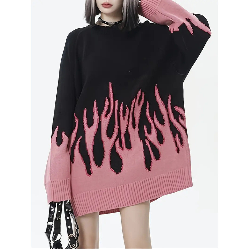 Ins Hong Kong Style Retro Design Gradient Flame Jacquard Hip-Hop Knitwear for Men and Women Loose Lazy Top Knitwear