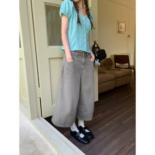 复古慵懒宽松七分牛仔裤女夏新款高腰直筒设计感休闲裤