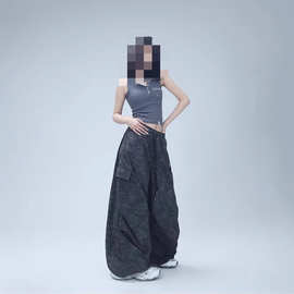 黑色降落伞工装裤女2025夏款高腰显瘦休闲裤美式两穿扎染阔腿裤潮