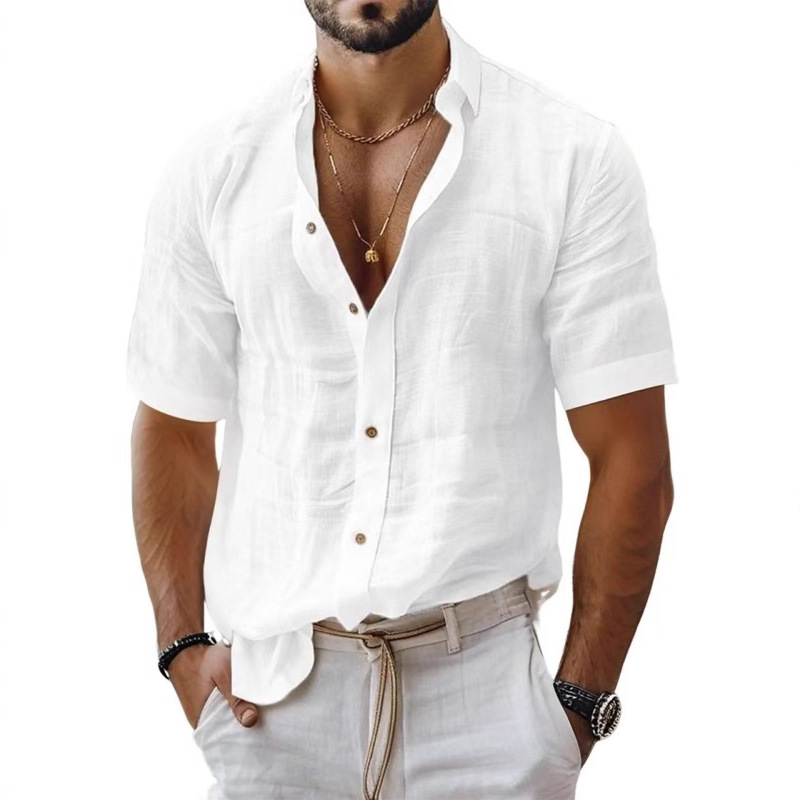 2026 Foreign Trade European and American Men's Clothing Summer New Men's Collared Shirt Solid Color Short-Sleeve Versatile Casual Cotton-Linen Shirt