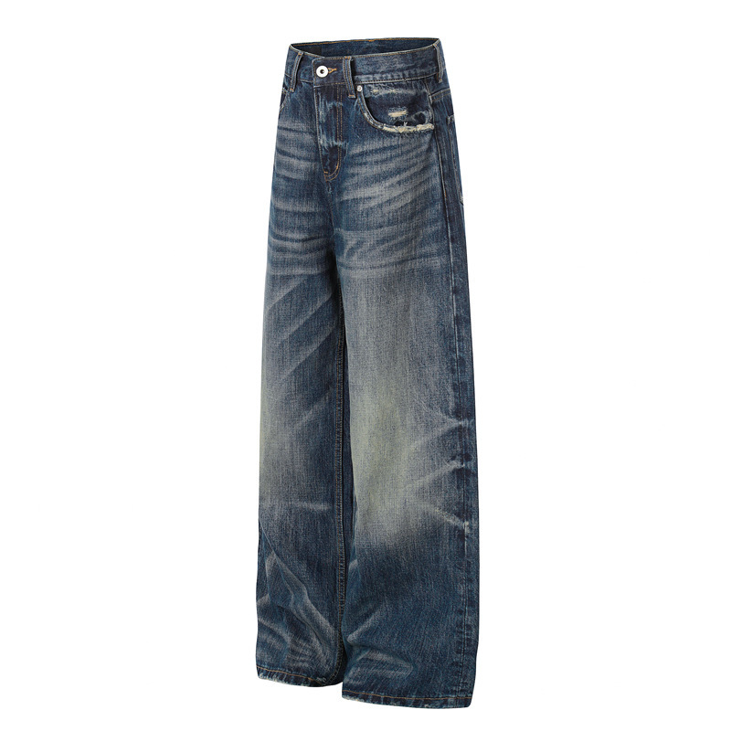 Dc+Gd004 High Street American Style Unisex Washed Vintage Distressed Denim with Cat Whisker Design Men's Loose Fit Jeans Dc+Gd004 High Street American Style Unisex Washed Vintage Distressed Denim with Cat Whisker Design Men's Loose Fit Jeans