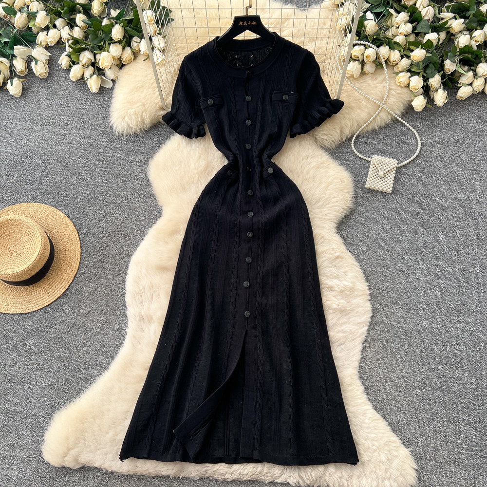 Women's Clothing Elegant Knit Tweed Dress With Front Buttons And Short Sleeves For Women_ecoleips.com