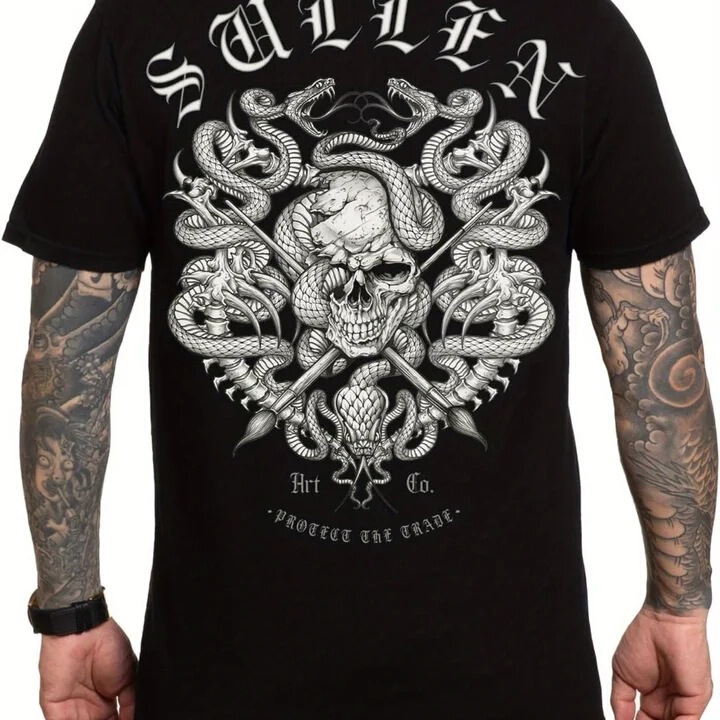 Gloomy Man's Skull Snake Tattoo Graphic Tee Suffering Yes Street Cross-Border Trend Brand
