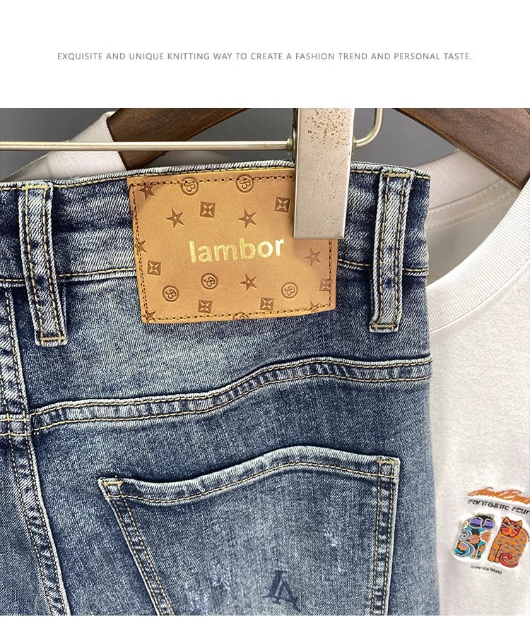 Slim Fit Printed Cropped Jeans For Men Distressed Patched Design_voghion.com