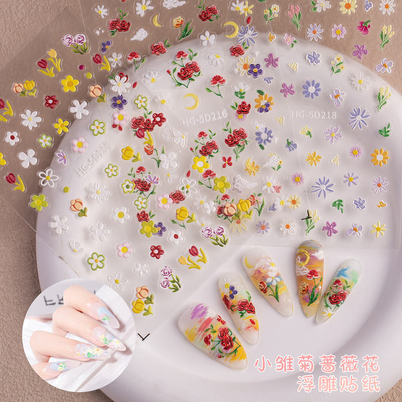 New Manicure Spring Colorful Wildflower Manicure Relief Stickers Romantic Oil Painting Fresh Simple Cute Nail Stickers