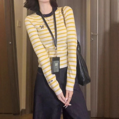 小个子撞色条纹蝴蝶结修身内搭打底衫女秋冬毛衣高级感针织衫上衣