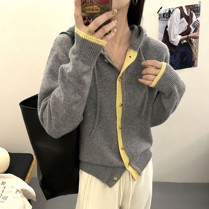 撞色连帽毛衣开衫女设计感假两件针织衫外套春秋新款宽松百搭上衣|undefined