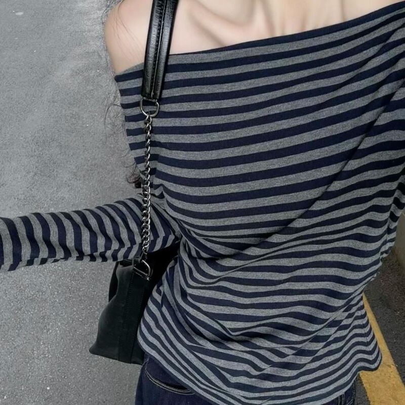 韩式慵懒一字肩条纹款长袖t恤女夏季松弛感修身wintage风斜肩上衣|undefined