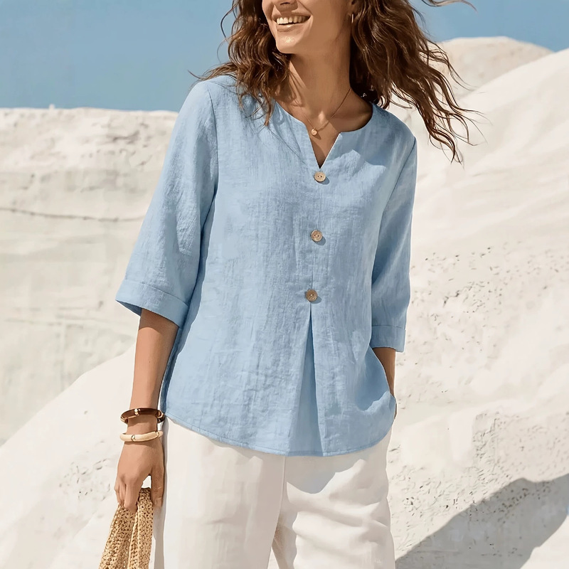 Women's V-Neck Button-Front Pleated Textured Shirt, 3/4 Rolled Sleeves, Loose Casual Linen-Style Top Women's V-Neck Button-Front Pleated Textured Shirt, 3/4 Rolled Sleeves, Loose Casual Linen-Style Top