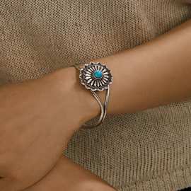 欧美跨境INS首饰复古蓝松石合金手镯时尚夸张开口手镯流行饰品女