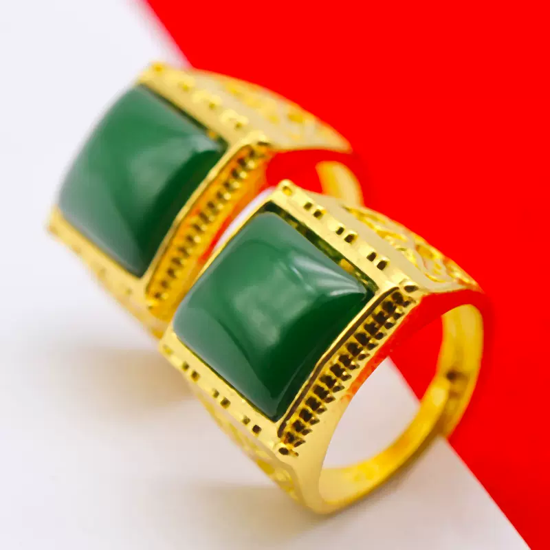 18K合金镀金开口椭圆形方形绿宝石霸气男宝石戒指个性男戒仿黄金