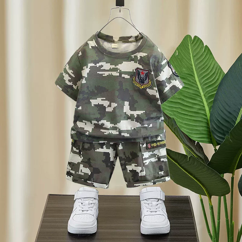 Детский camouflage летний комплект для мальчиков, летняя одежда, с коротким рукавом