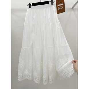 High-end European summer this year's popular lace stitching white skirt elastic high waist slim A- line skirt for women
