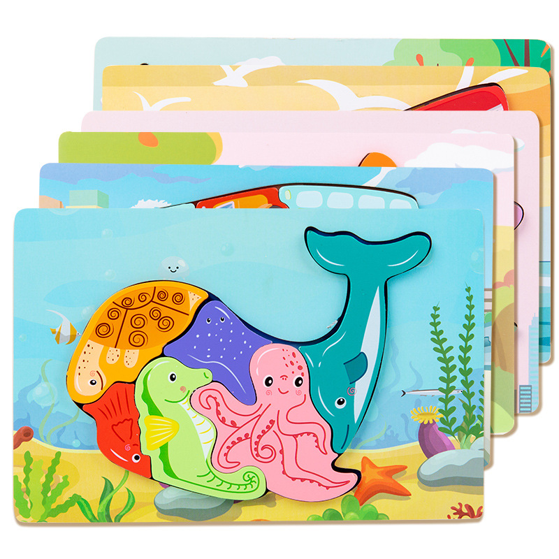 Juguetes educativos de madera para niños pequeños, bloques de construcción al por mayor, rompecabezas 3D creativos con forma de animales para emparejar.