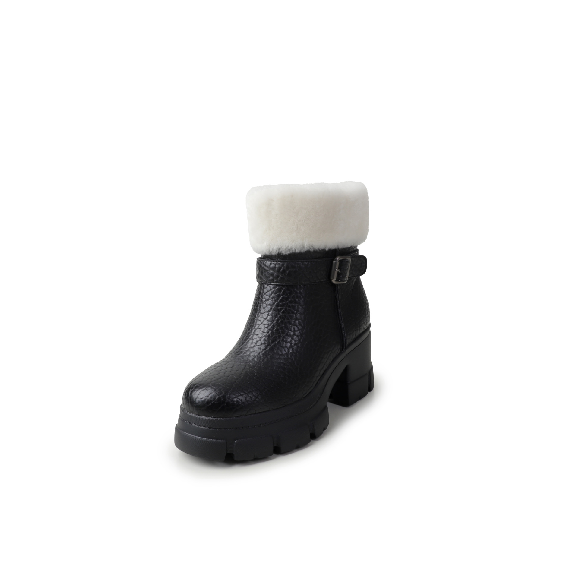 Boot tuyết nữ da thật cổ ngắn lót lông cừu, đế dày khóa thắt lưng gót vuông — màu nâu