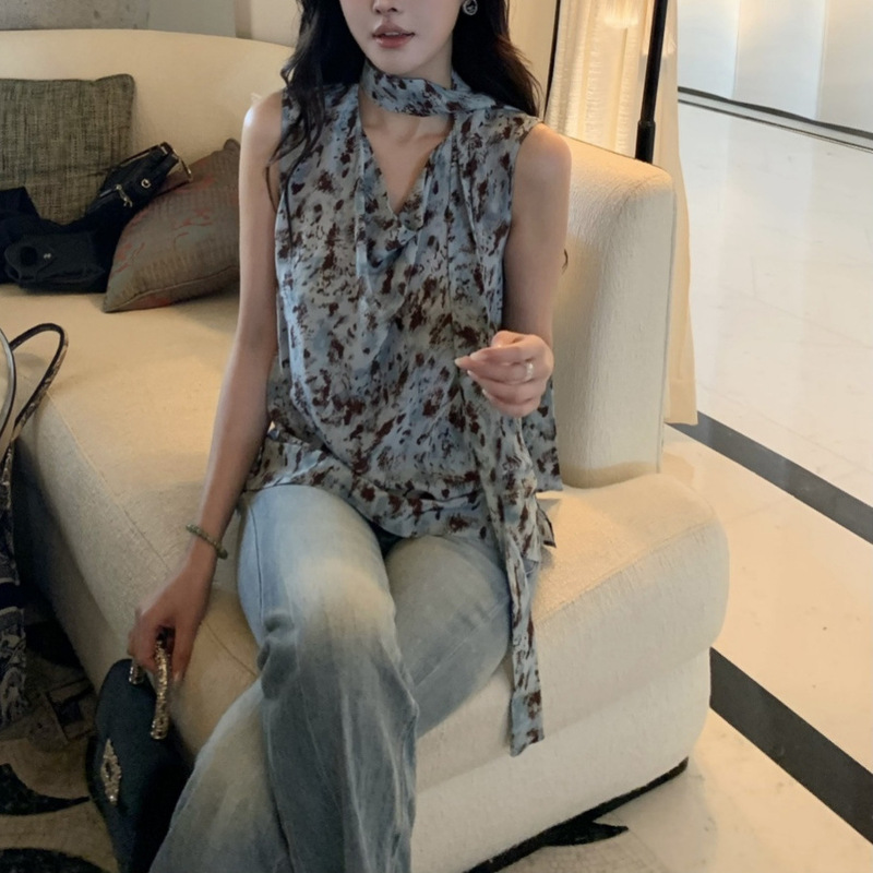 Silk Crepe De Chine Sleeveless Top with Vintage Iris Print, Draped Collar and Ribbon, Elegant Commuter Shirt 15