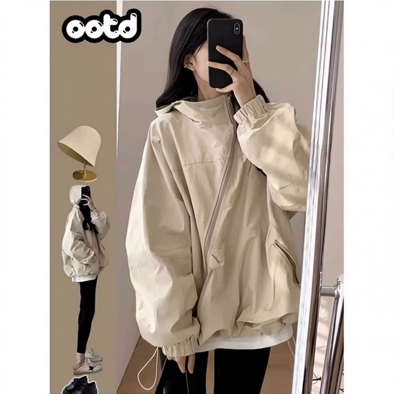Личность косой молнии с капюшоном куртка женская весна и осень 2023 новая корейская версия Xiao Xiangfeng свободная и тонкая куртка